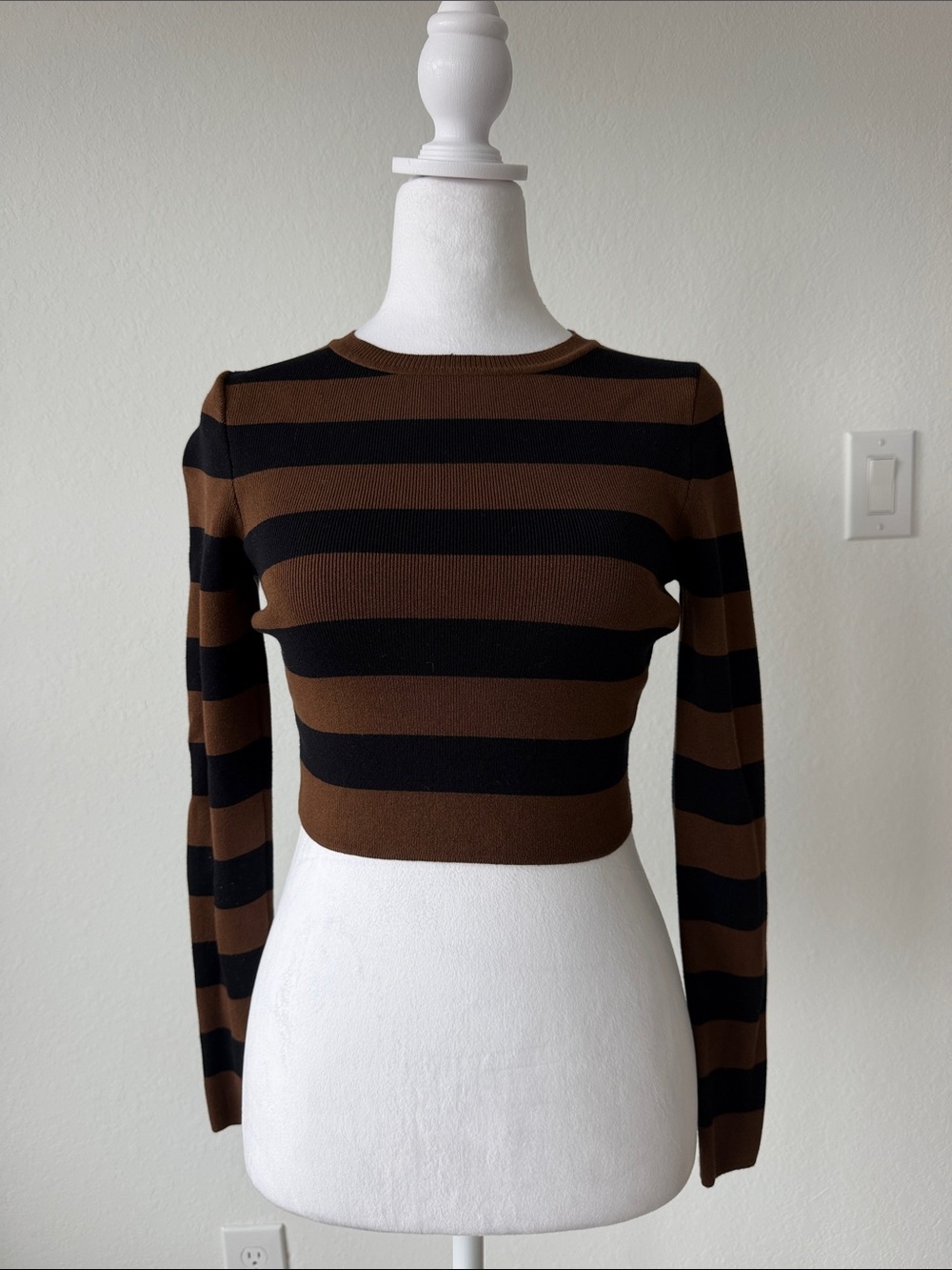 Zara Black & Brown Striped Long-Sleeve Crop Top